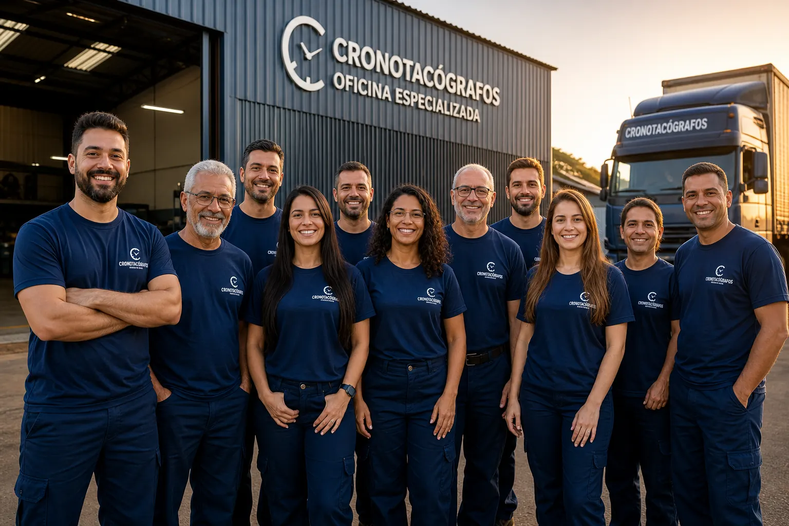 Equipe da MeqTac Itajaí reunida e sorrindo do lado de fora da oficina, todos de uniforme azul-marinho, com um caminhão ao fundo.
